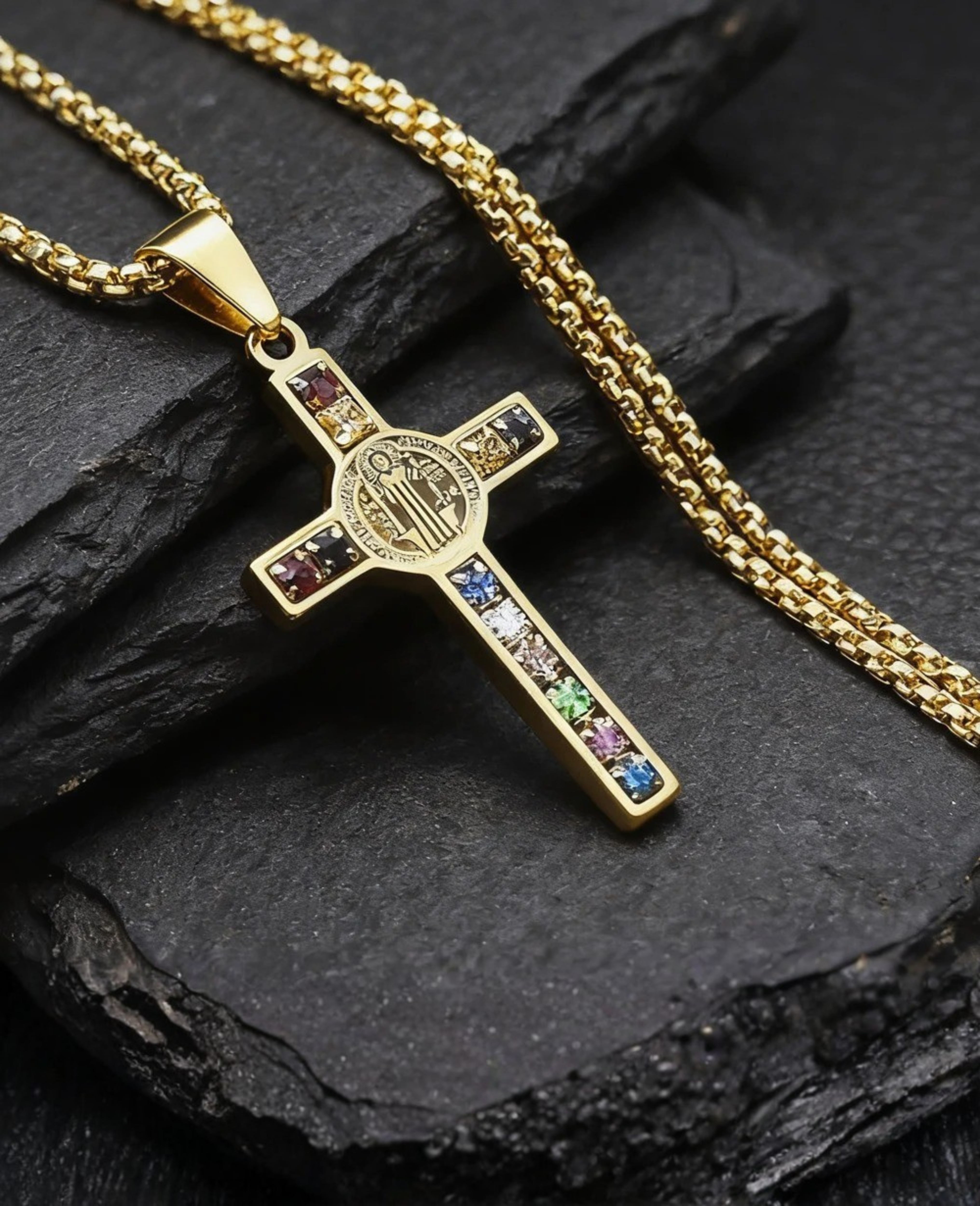 Colar e Cruz São Bento Dourada – Proteção Suprema com pedras