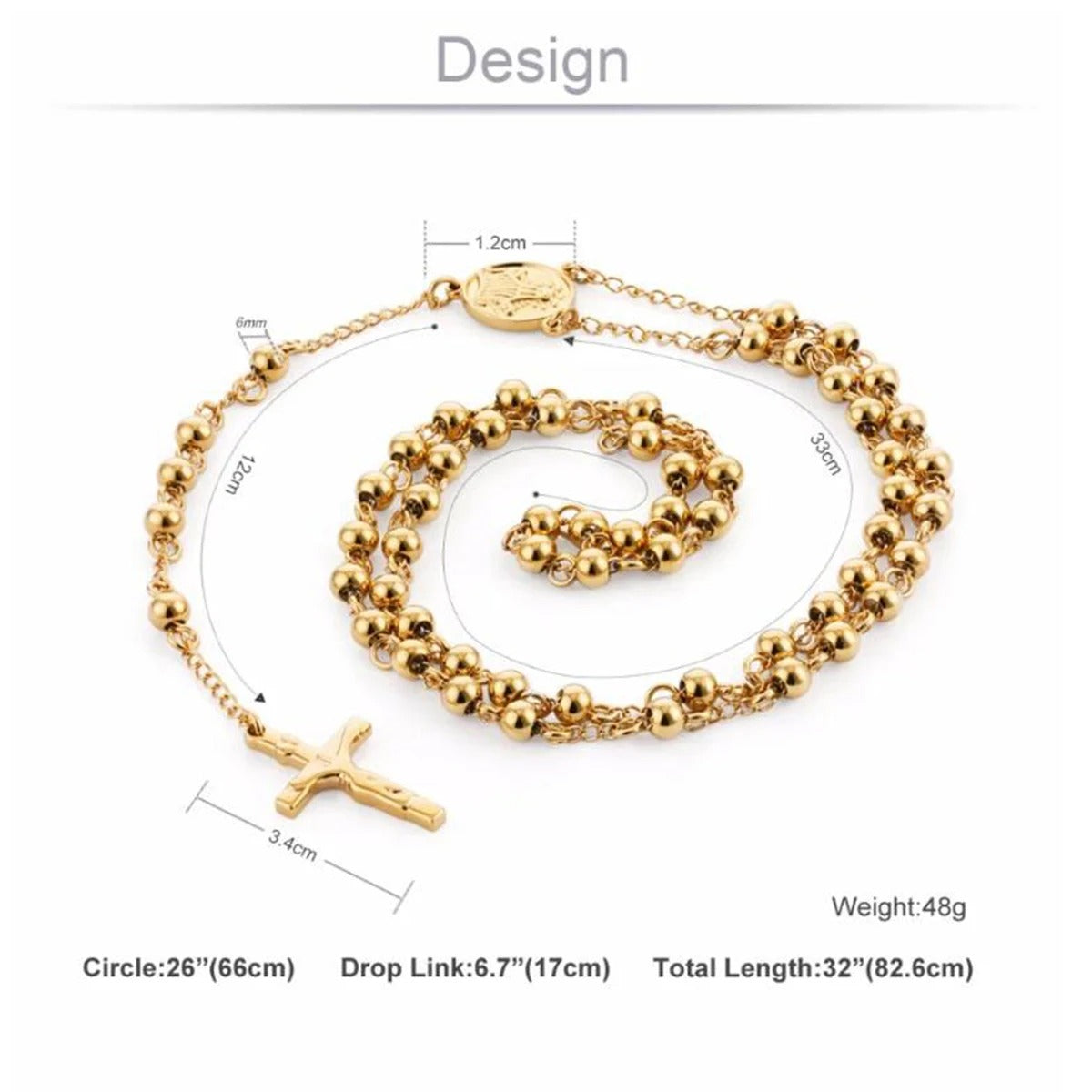 Colar Terço Dourado Fé Eterna  60cm