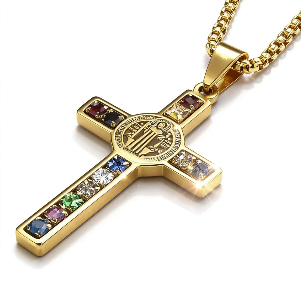 Colar e Cruz São Bento Dourada – Proteção Suprema com pedras