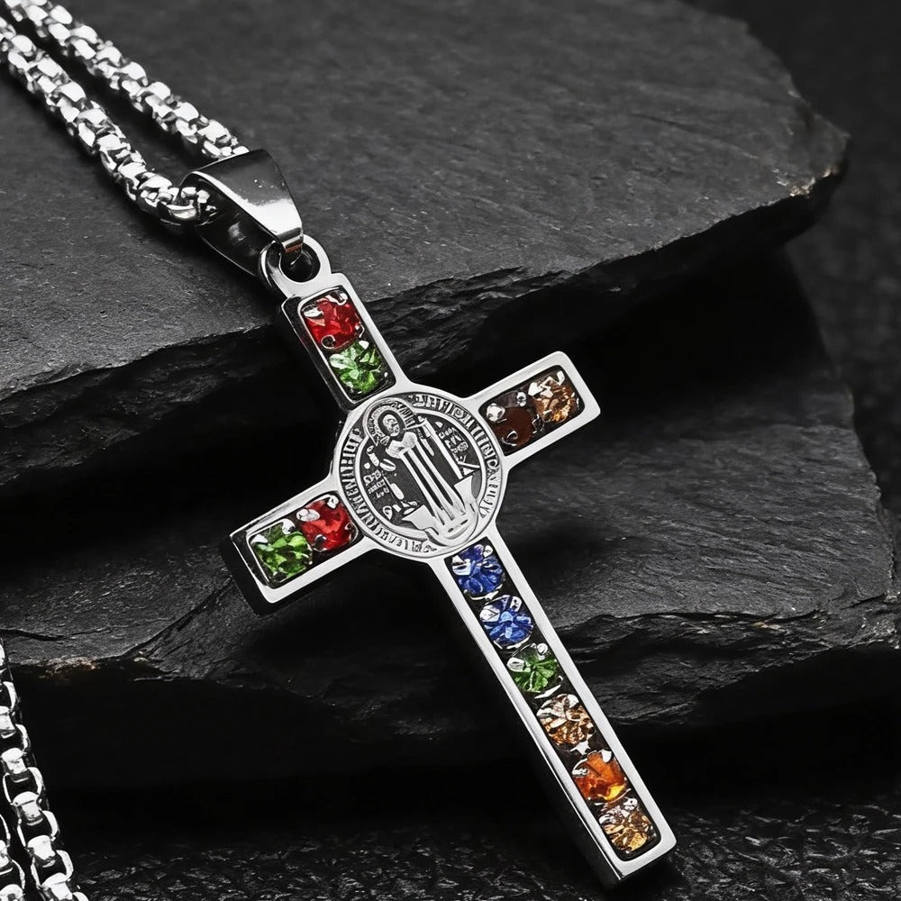 Colar e Cruz São Bento Dourada – Proteção Suprema com pedras